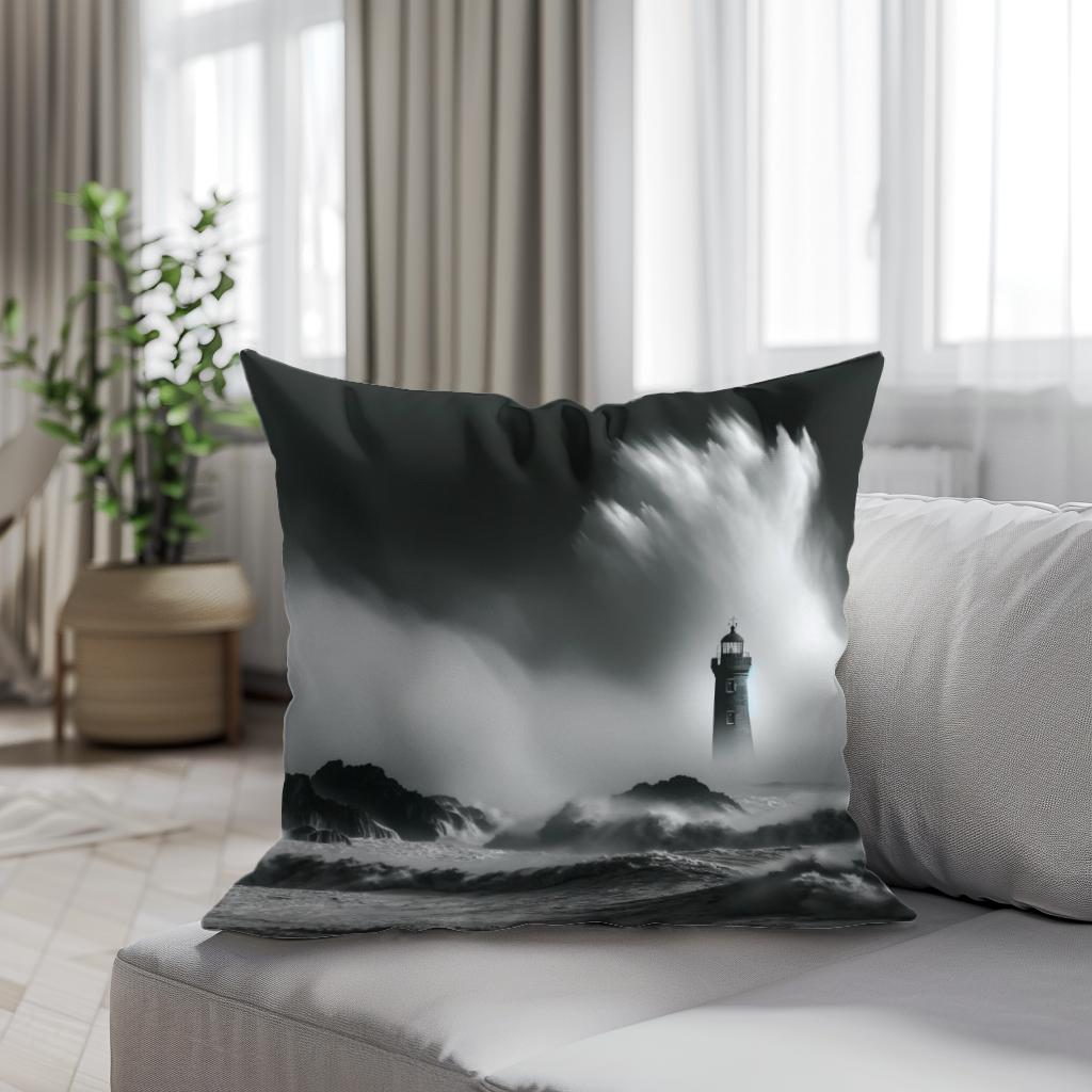 Solitary Beacon: Stormy Seas Cotton Cushion