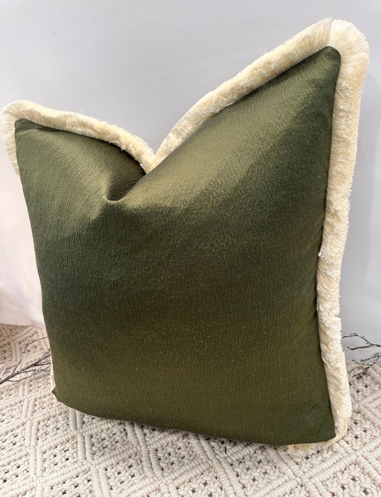 The Couture Cushion - The Everest Green Laurent Fringed In Ivory - Style No. 24