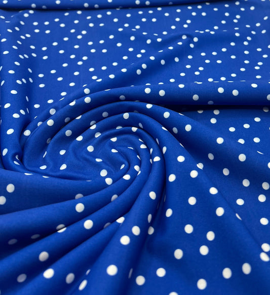 Blue Polka Stretch Jersey 220GSM 4 Way Stretch Fabric