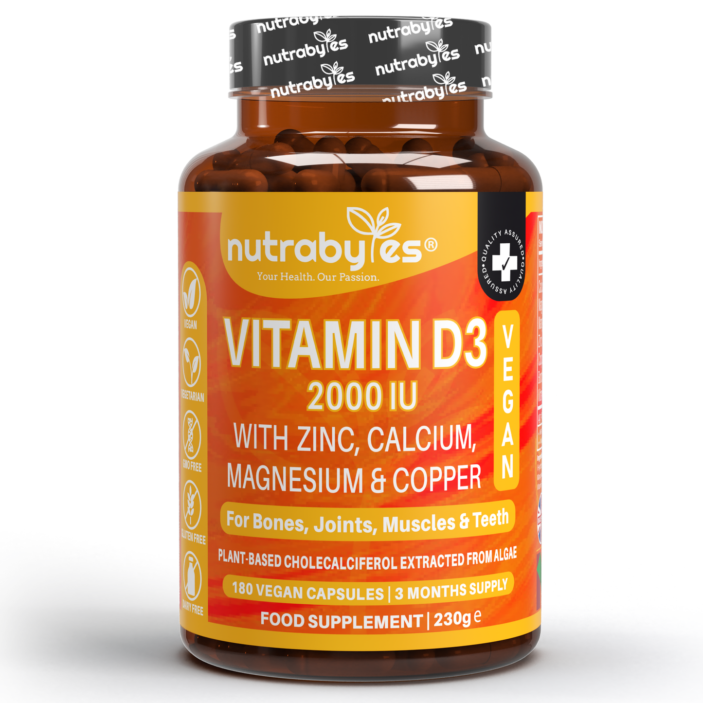 Vegan Vitamin D3 2000 IU with Calcium, Magnesium, Zinc & Copper | 180 capsules, 3 months supply | Made in the UK