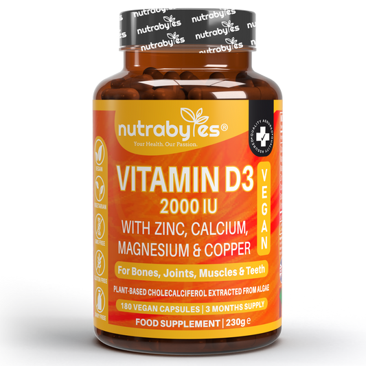 Vegan Vitamin D3 2000 IU with Calcium, Magnesium, Zinc & Copper | 180 capsules, 3 months supply | Made in the UK