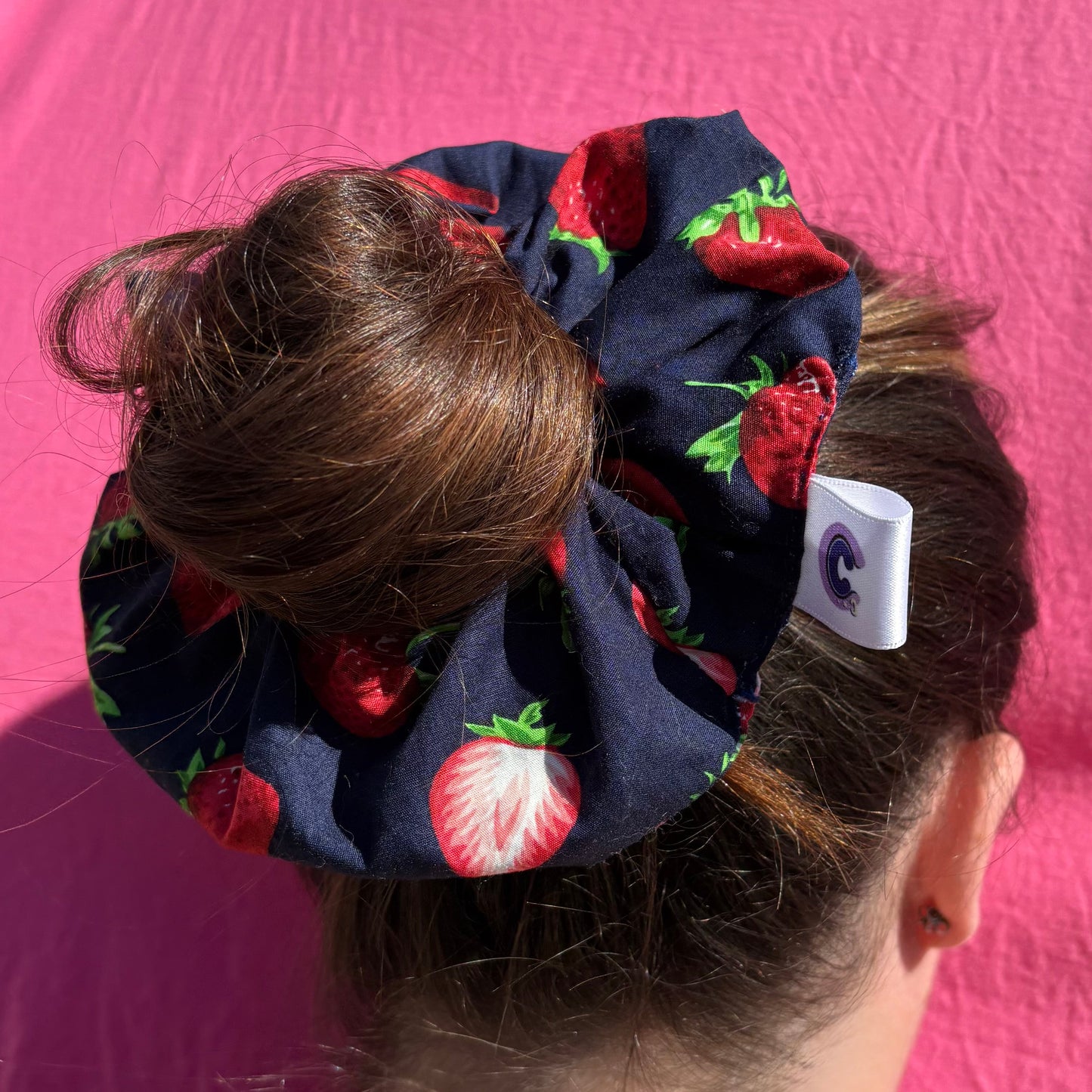 Cool navy blue and red strawberry large hair scrunchie