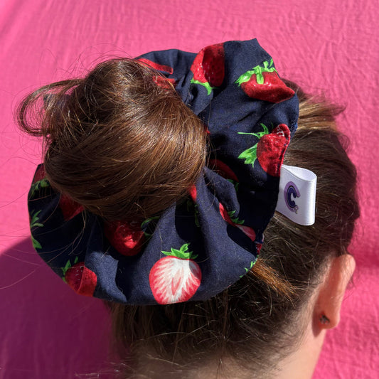 Cool navy blue and red strawberry large hair scrunchie