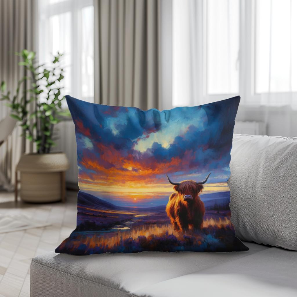 Twilight Contrast Highland Cow Cotton Cushion