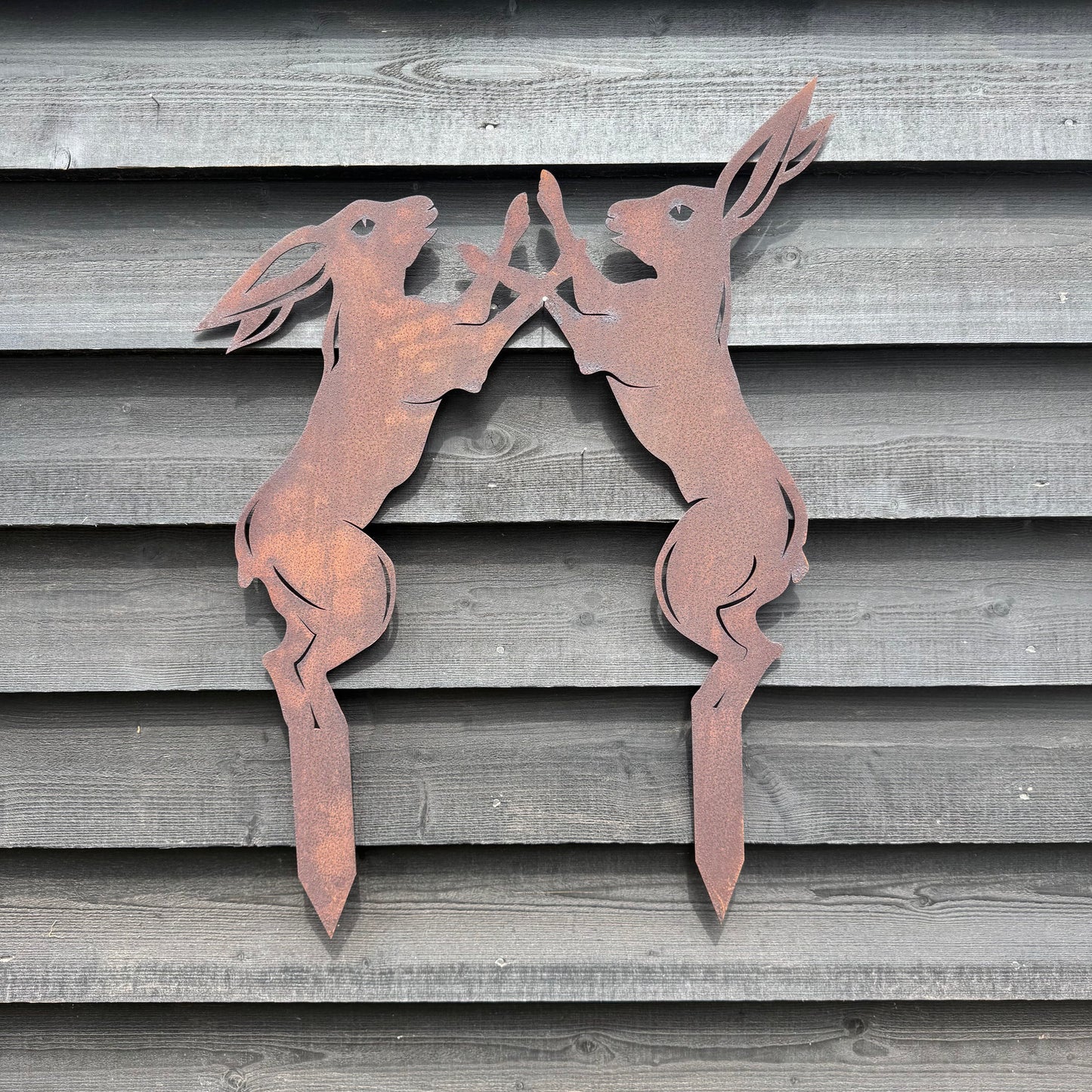 Rusty Metal Boxing Hares Garden Decoration