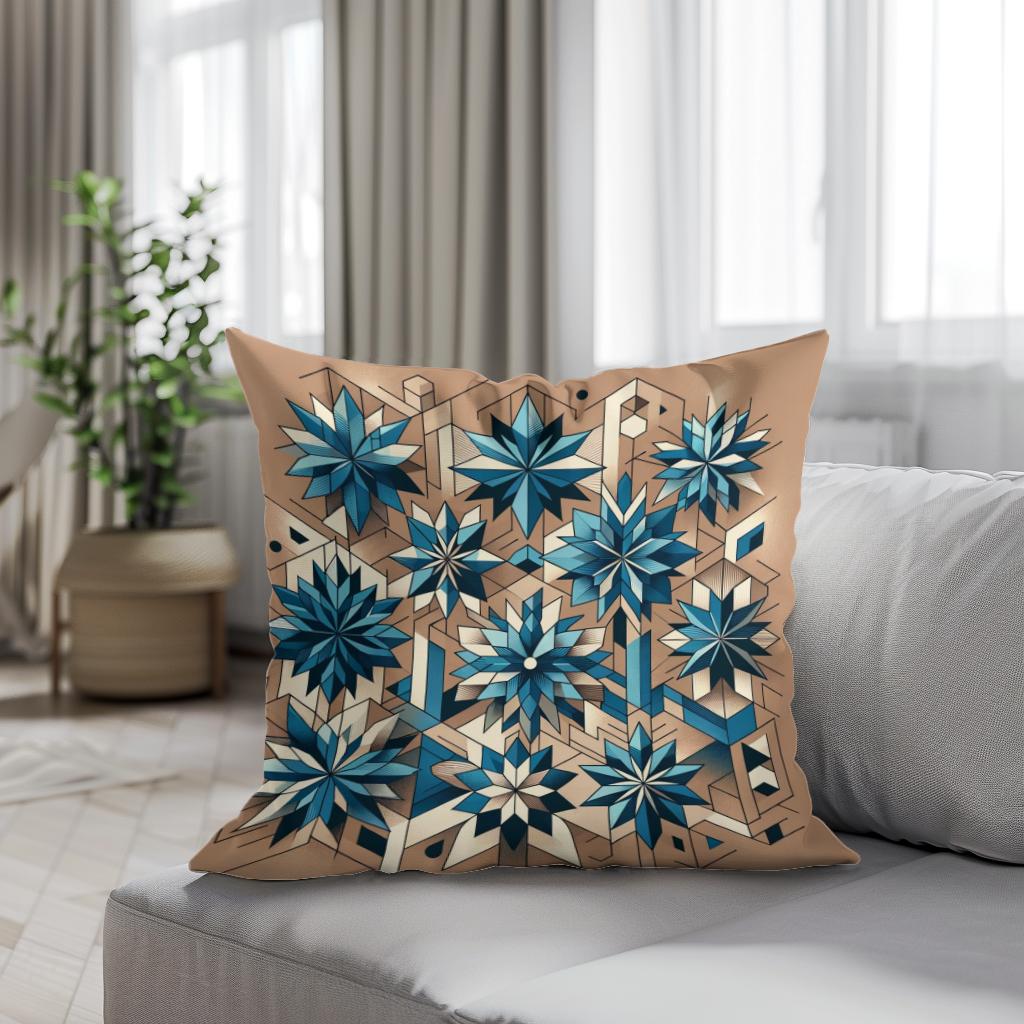Geometric Blue Blossoms Cotton Cushion