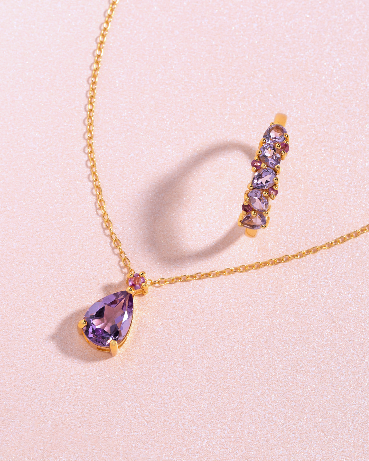 Pink Ruby & Amethyst Pear Cut Half Eternity Band in 18k Gold Vermeil
