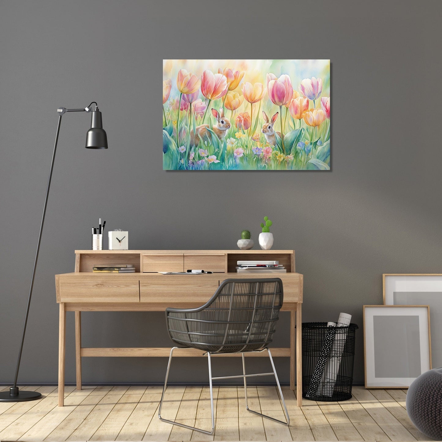 Tulip Meadow and Rabbits Canvas