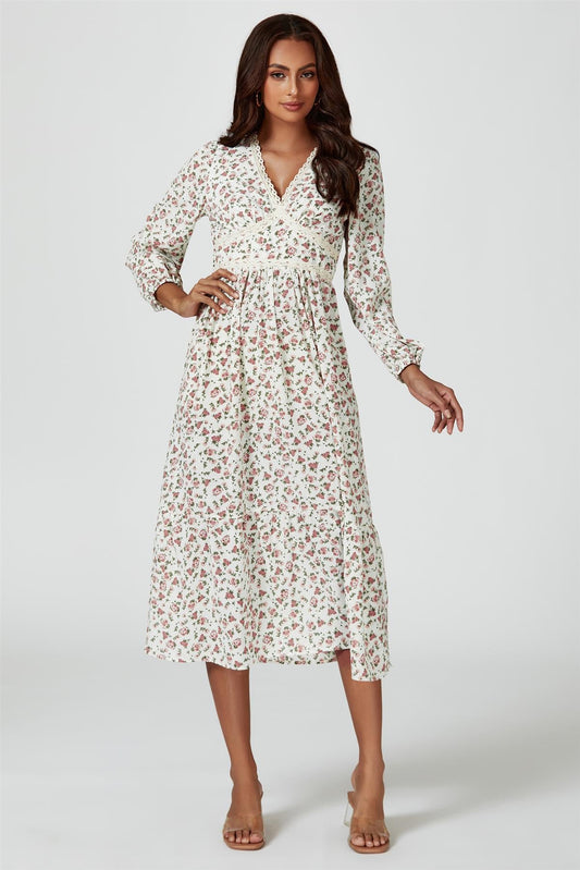 Floral Print Long Sleeve Midi Dress In White