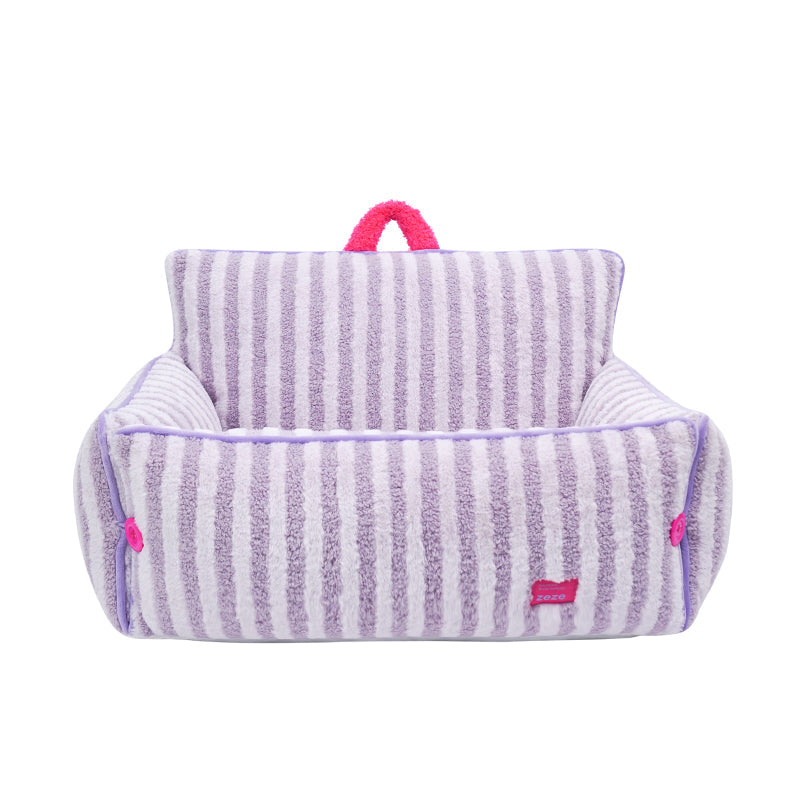 zeze Striped Plush Pet Sofa Bed — Bolstered Arms, Carry Handle & Zip Cover