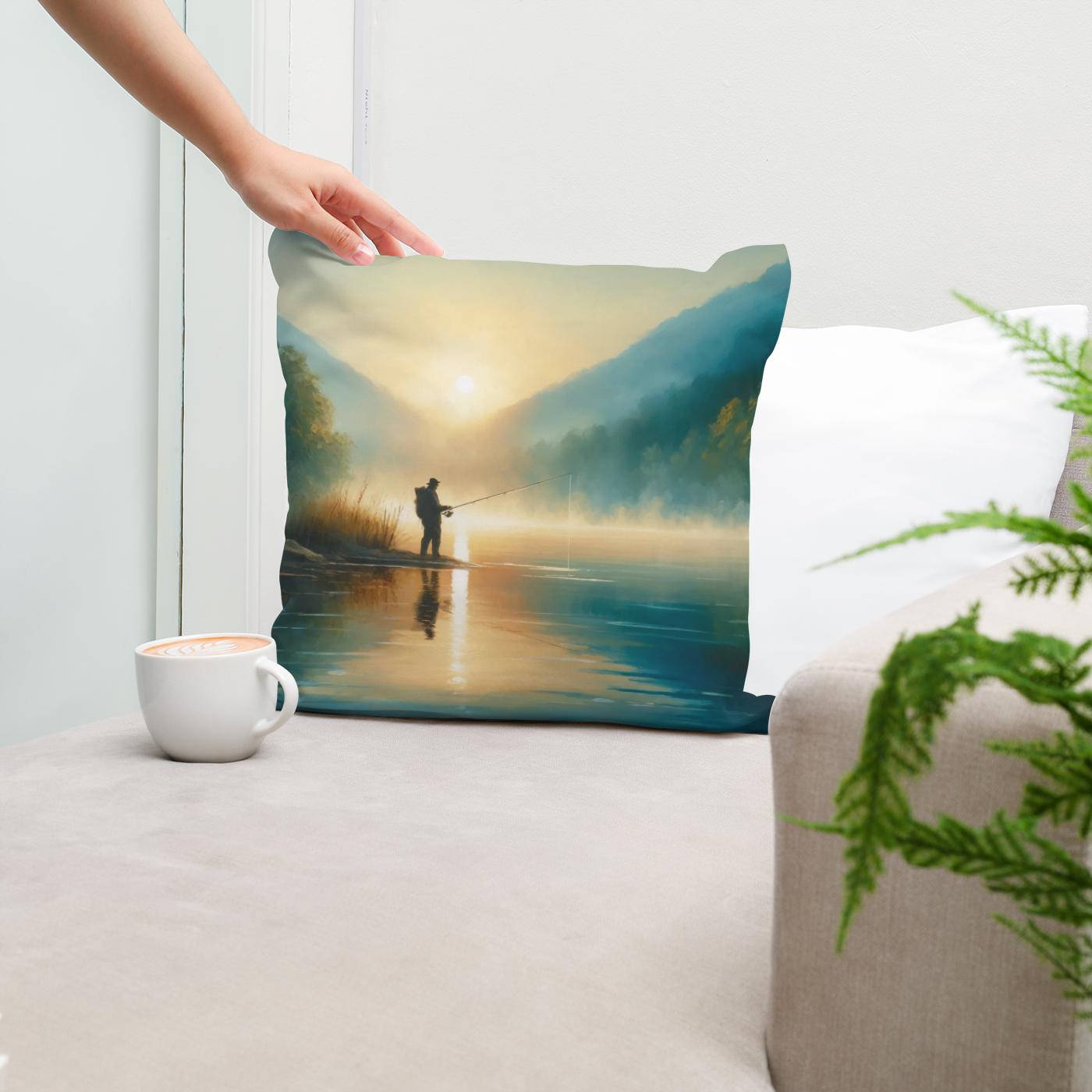Tranquil Dawn Fishing Cotton Cushion