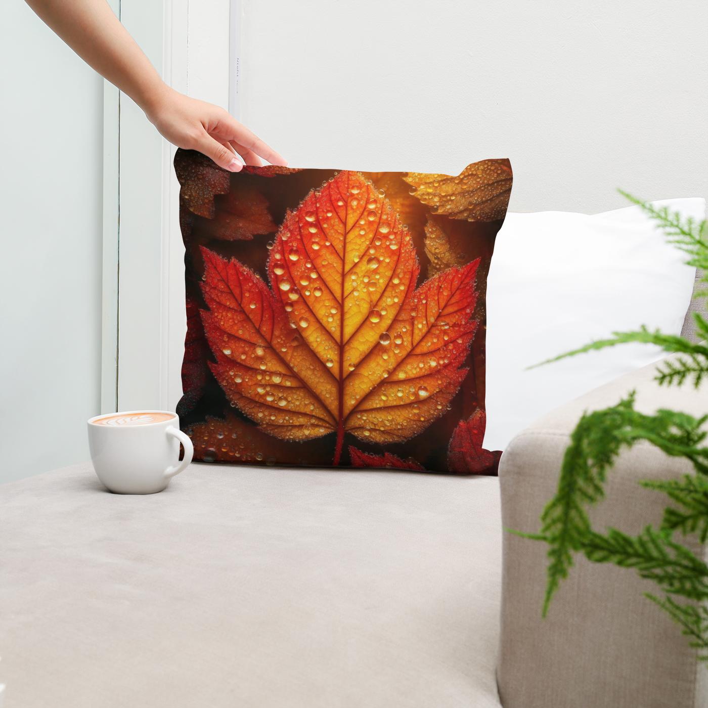 Dew-Kissed Autumn Leaf Cotton Cushion