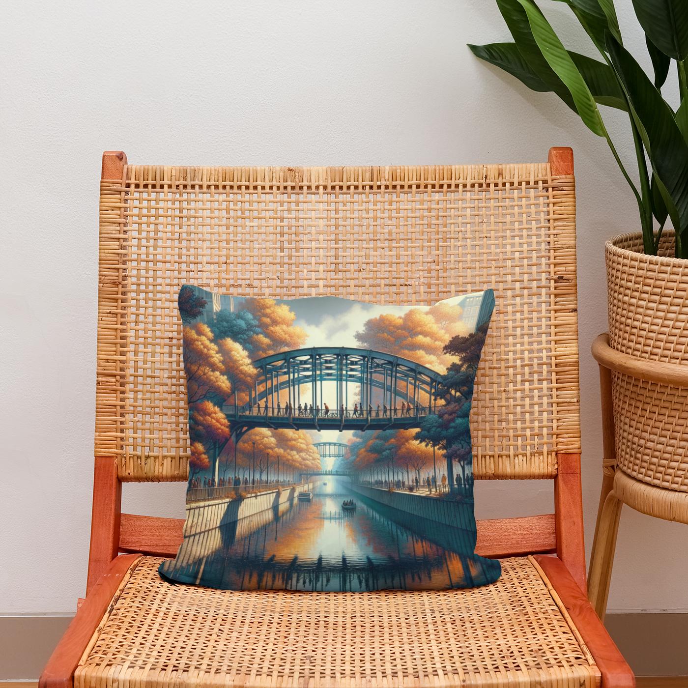 Autumn Urban Bridge Cotton Cushion