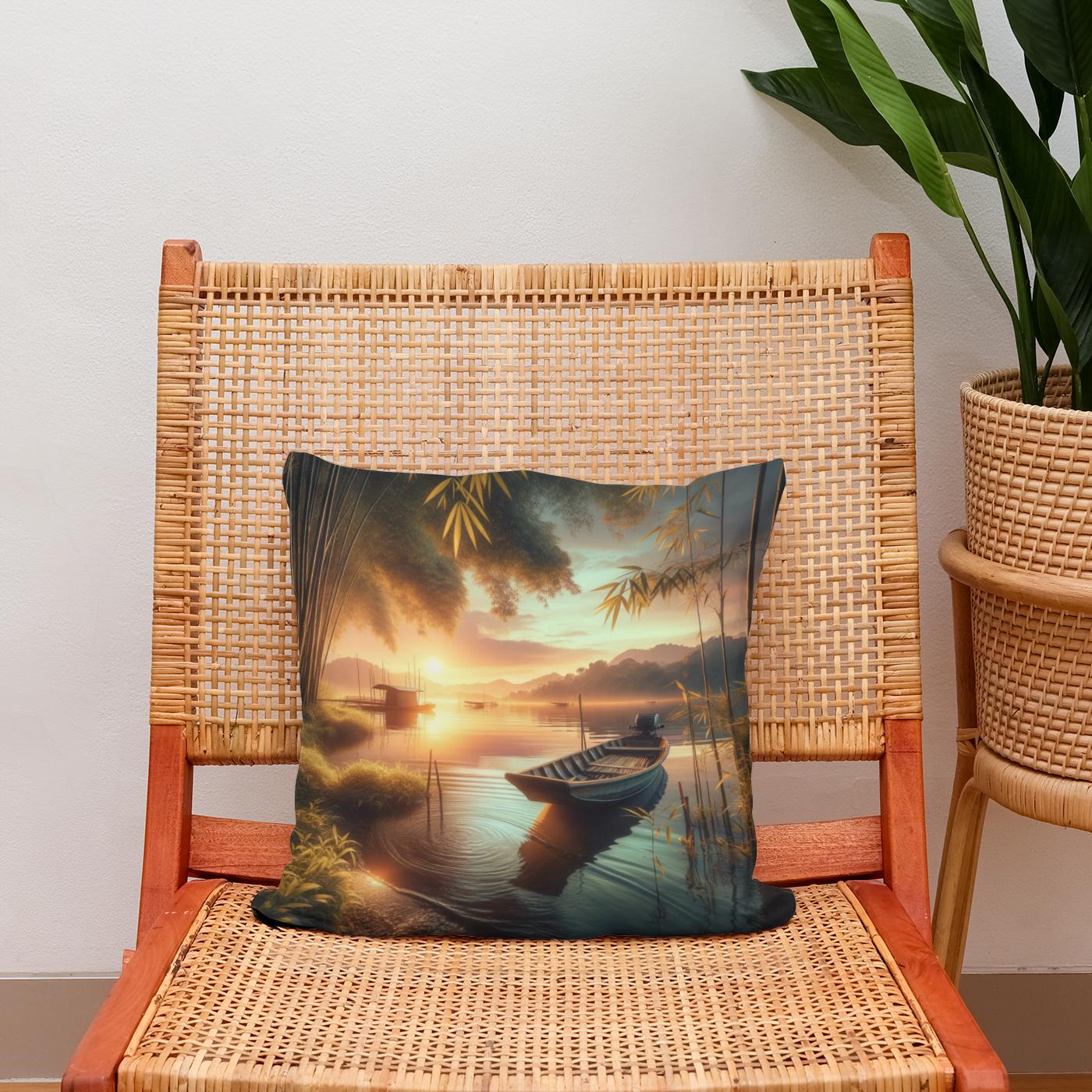 Lakeside Sunset Serenity Cotton Cushion