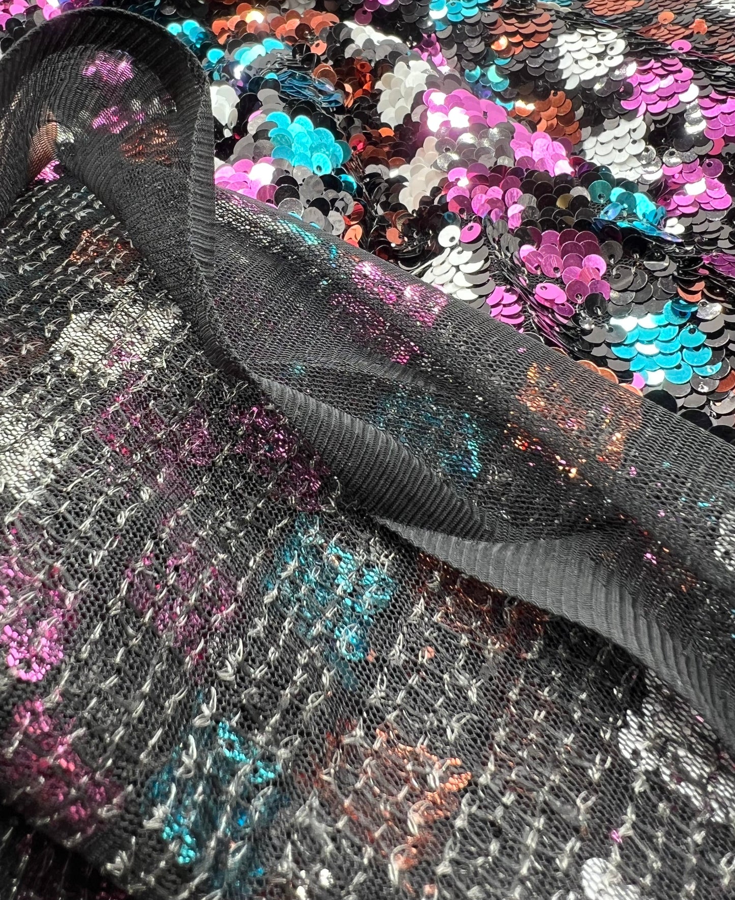 Multi Colour Sequin Detail Textured Mesh Stretch Fabric
