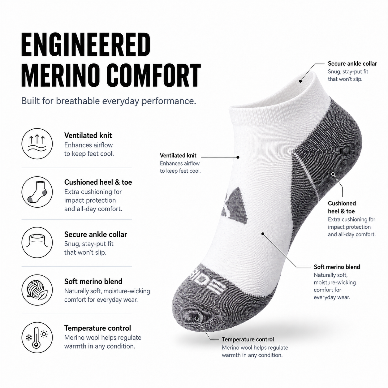 Merino Wool Ankle Socks - Running Active Thermal & Breathable Unisex