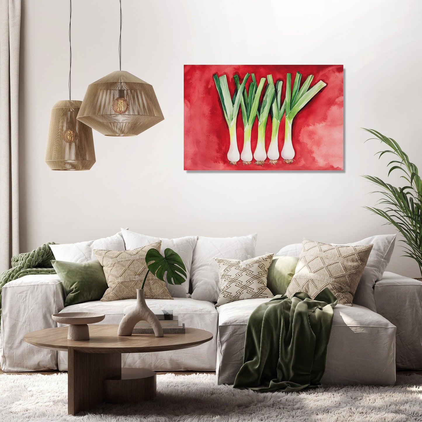 Elegant Leeks on Red Canvas