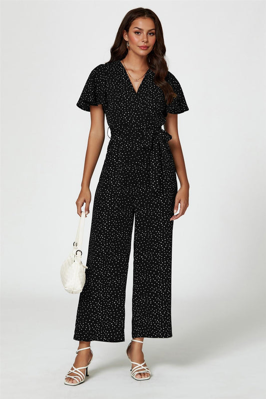 Dot Print Wrap Top Jumpsuit In Black