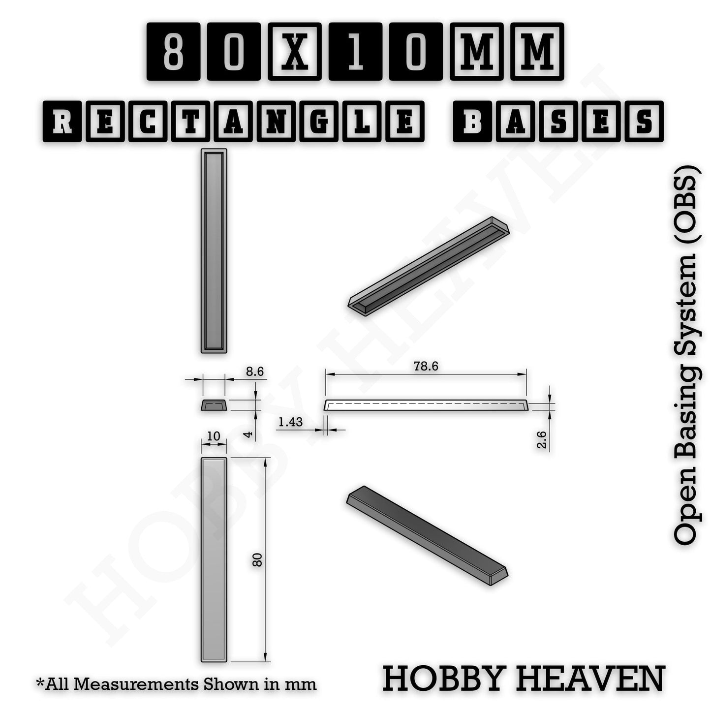 Rectangle Bases Medium Sizes - 75x30mm to 125x40mm and up to 100x90mm Wide - 3D Print Tabletop Games
