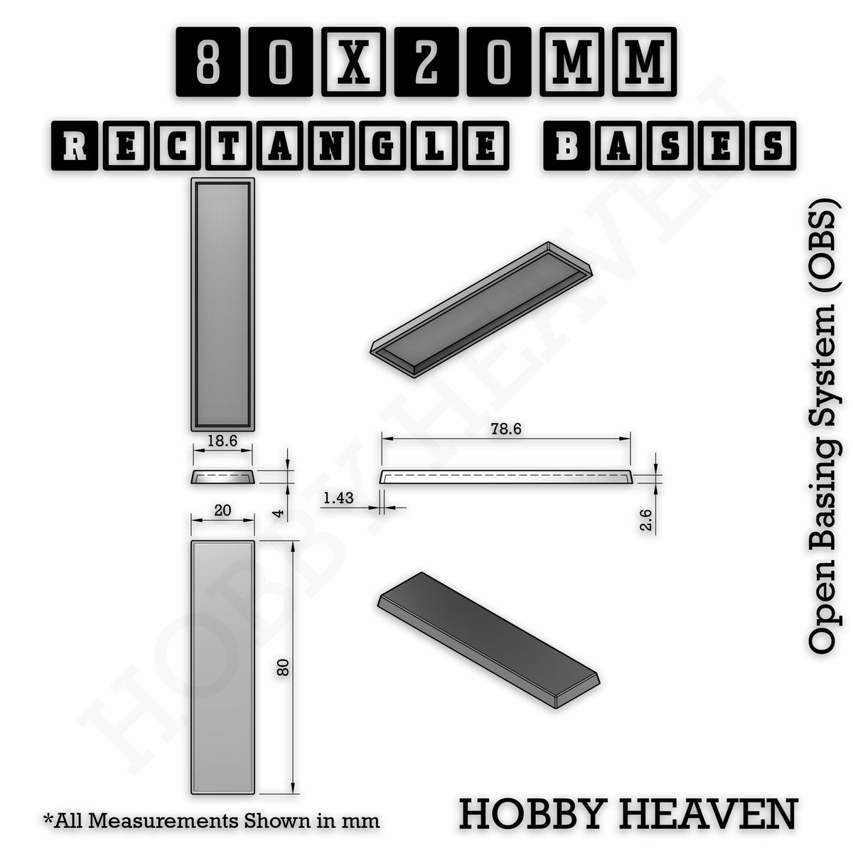 Rectangle Bases Medium Sizes - 75x30mm to 125x40mm and up to 100x90mm Wide - 3D Print Tabletop Games