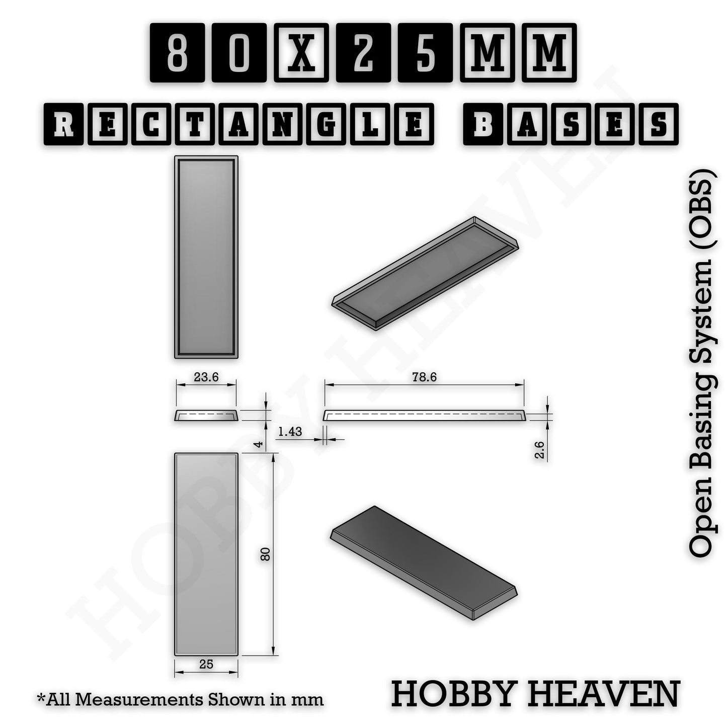Rectangle Bases Medium Sizes - 75x30mm to 125x40mm and up to 100x90mm Wide - 3D Print Tabletop Games