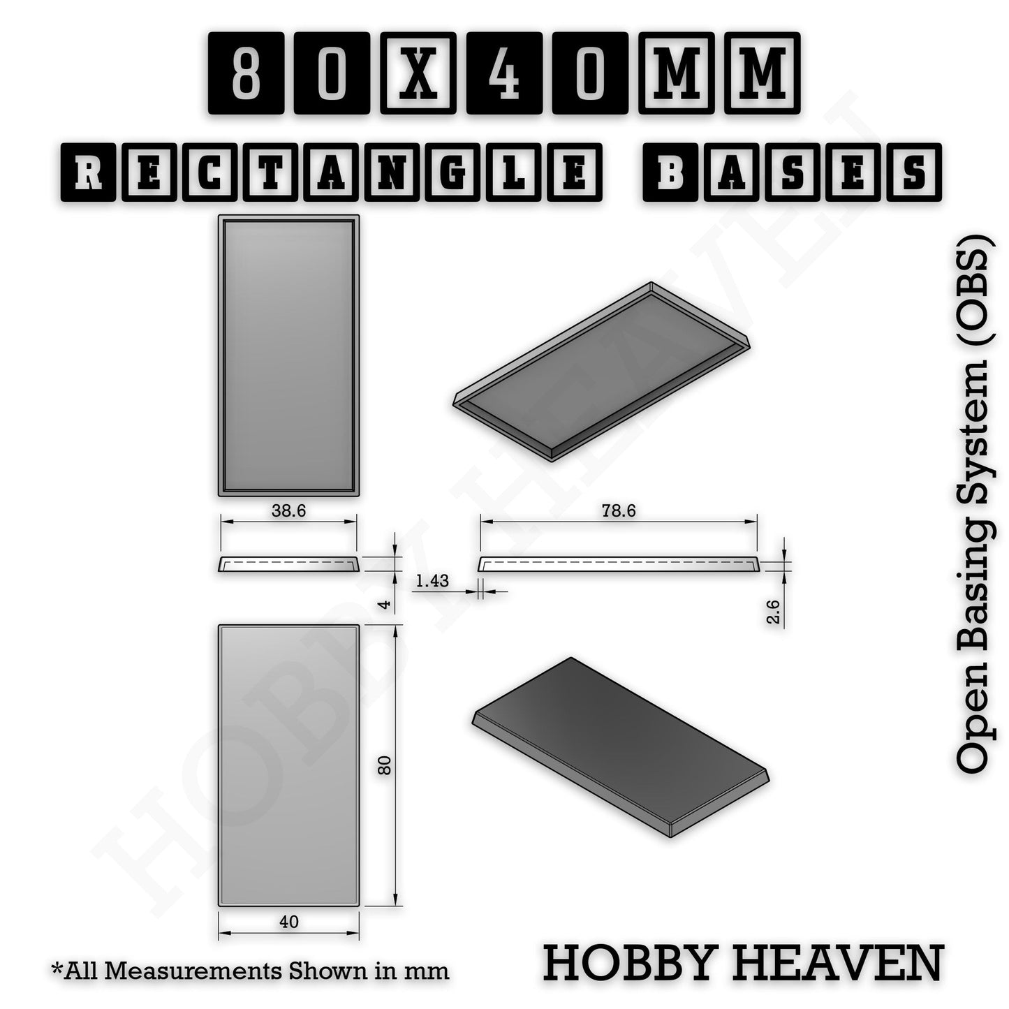 Rectangle Bases Medium Sizes - 75x30mm to 125x40mm and up to 100x90mm Wide - 3D Print Tabletop Games