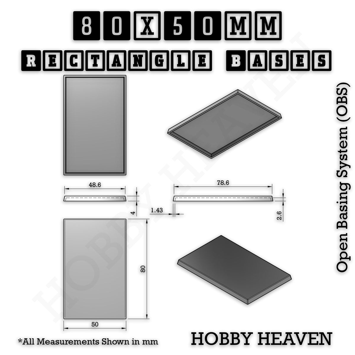 Rectangle Bases Medium Sizes - 75x30mm to 125x40mm and up to 100x90mm Wide - 3D Print Tabletop Games