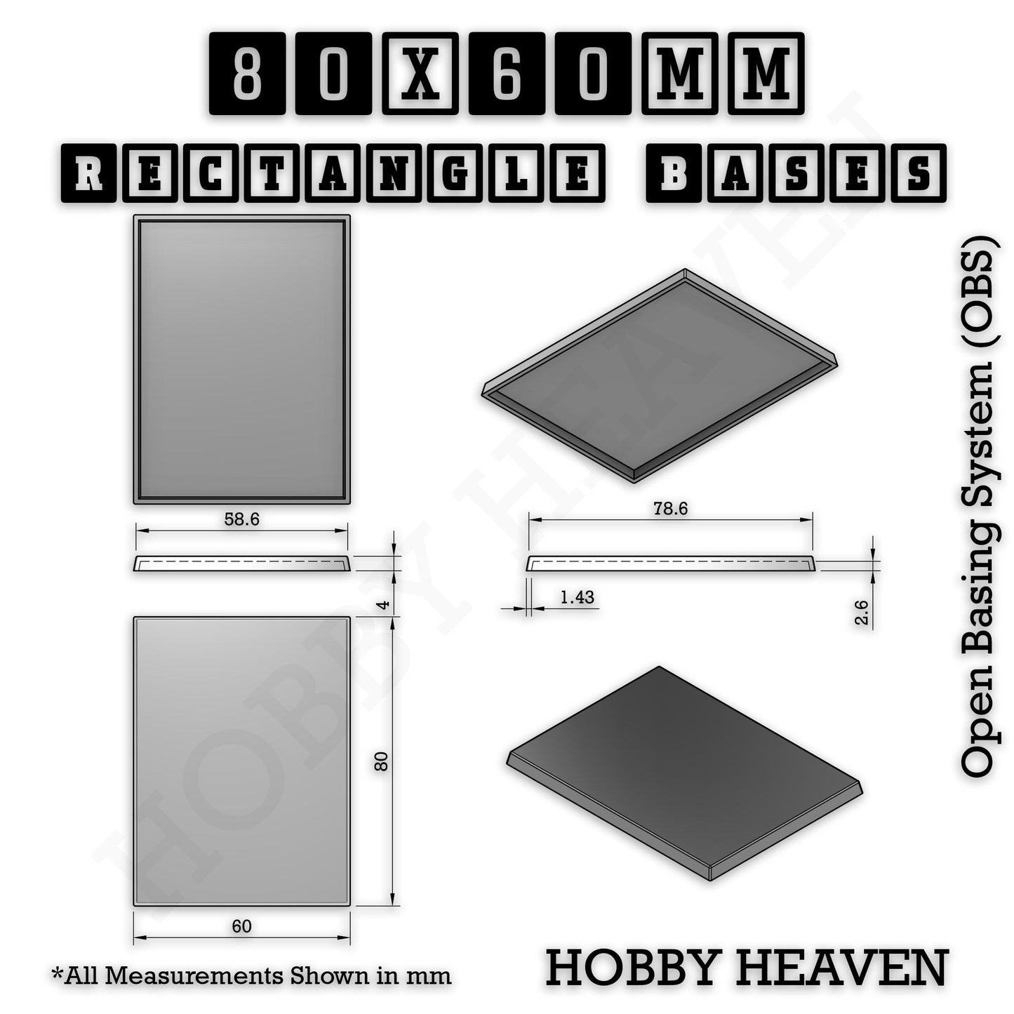 Rectangle Bases Medium Sizes - 75x30mm to 125x40mm and up to 100x90mm Wide - 3D Print Tabletop Games