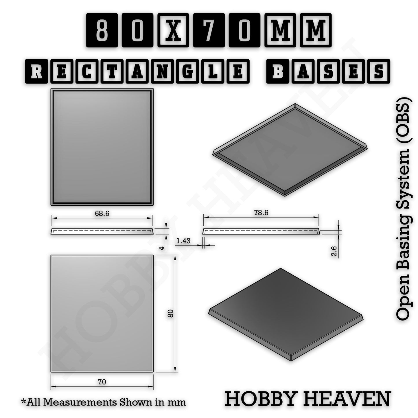 Rectangle Bases Medium Sizes - 75x30mm to 125x40mm and up to 100x90mm Wide - 3D Print Tabletop Games