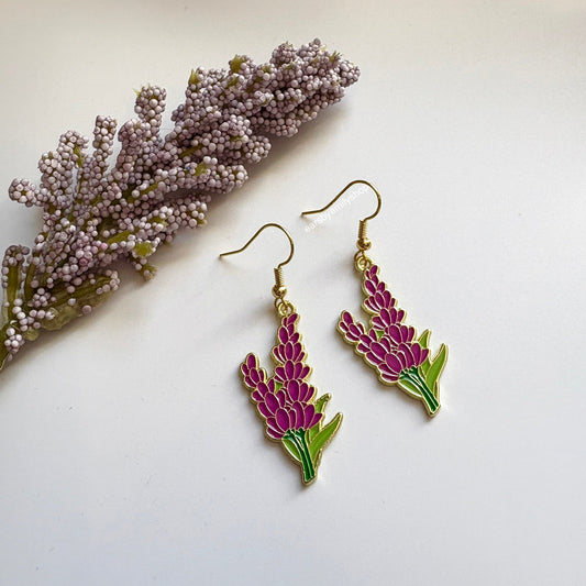 Purple larkspur flower dangle earrings on 18k gold plated hooks