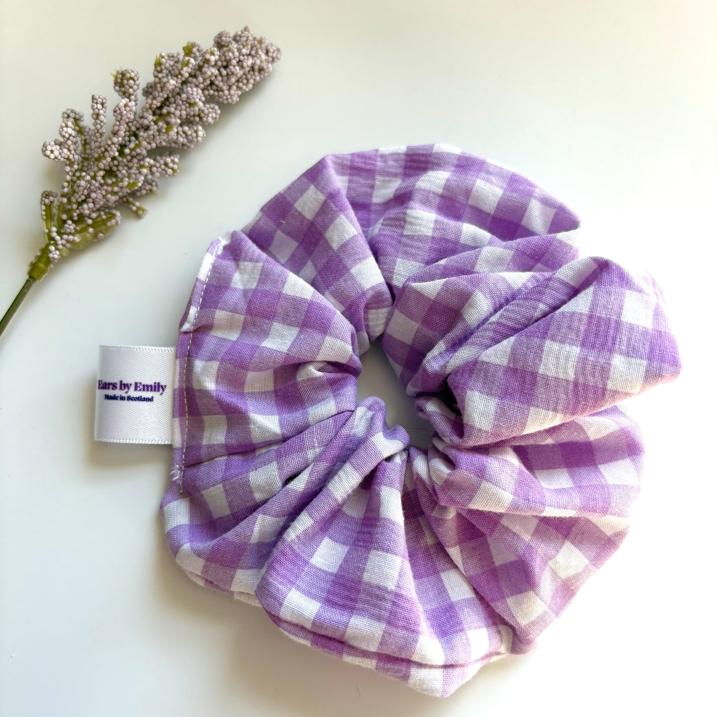 Cool purple and white gingham large hair scrunchie