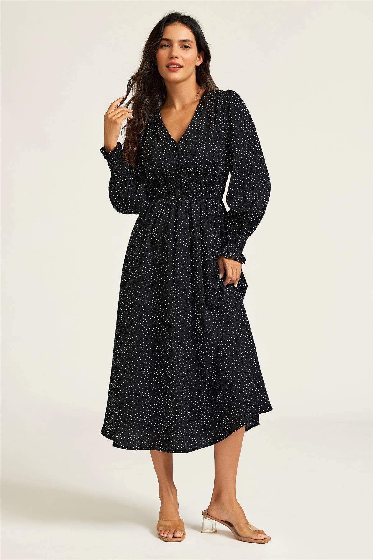 Polka Dot Print Long Sleeve Midi Dress In Black