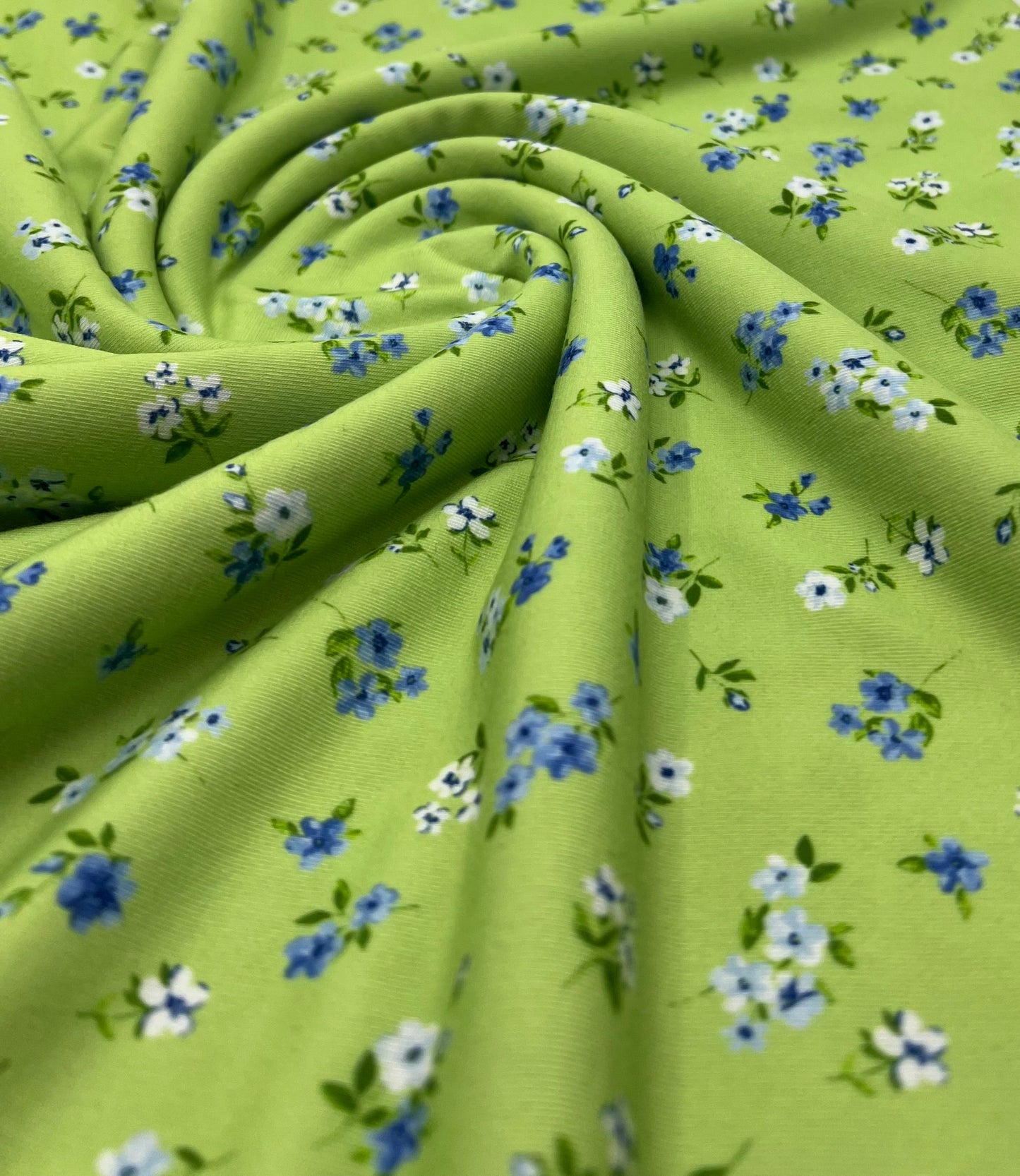 Bright Green Ditsy Floral Print Spun Poly Stretch Fabric