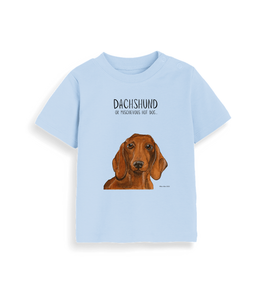 Mischievous Hot Dog Baby Tee – Small But Mighty! Red Dachshund