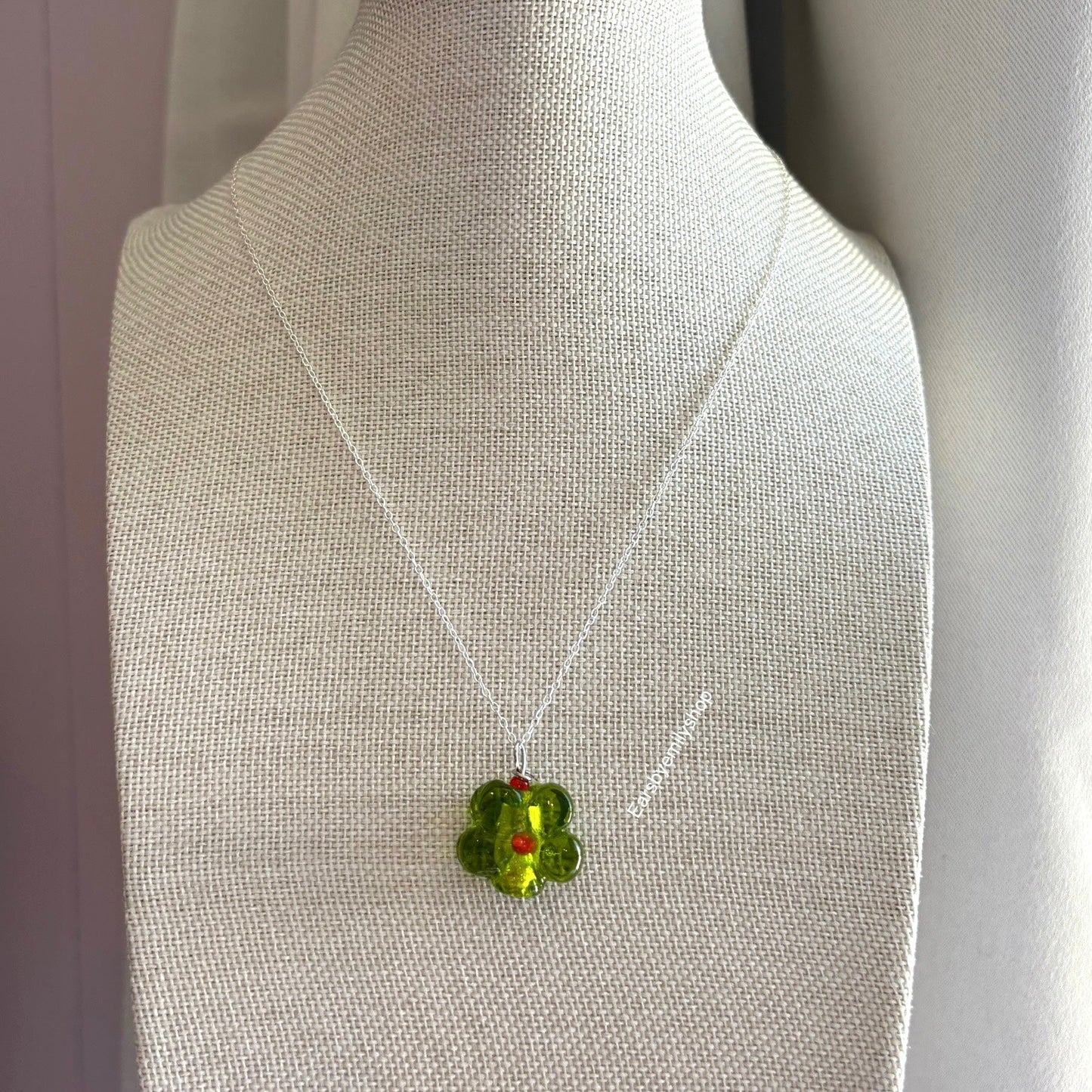 Cool green glass flower necklace on sterling silver chain