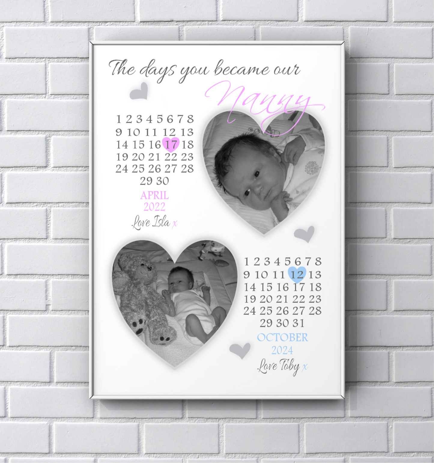 Personalised Nanny, Grandma print Mother's Day 'The days you became our Nanny'