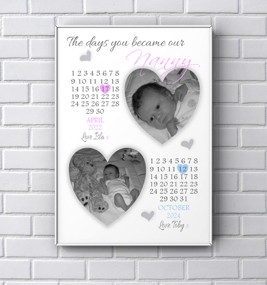 Personalised Nanny, Grandma print Mother's Day 'The days you became our Nanny'