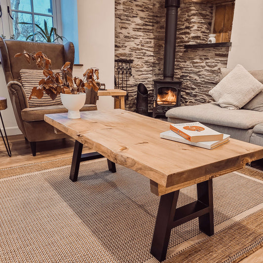 VELA Live / Waney Edge Coffee Table With Metal A Frame Legs