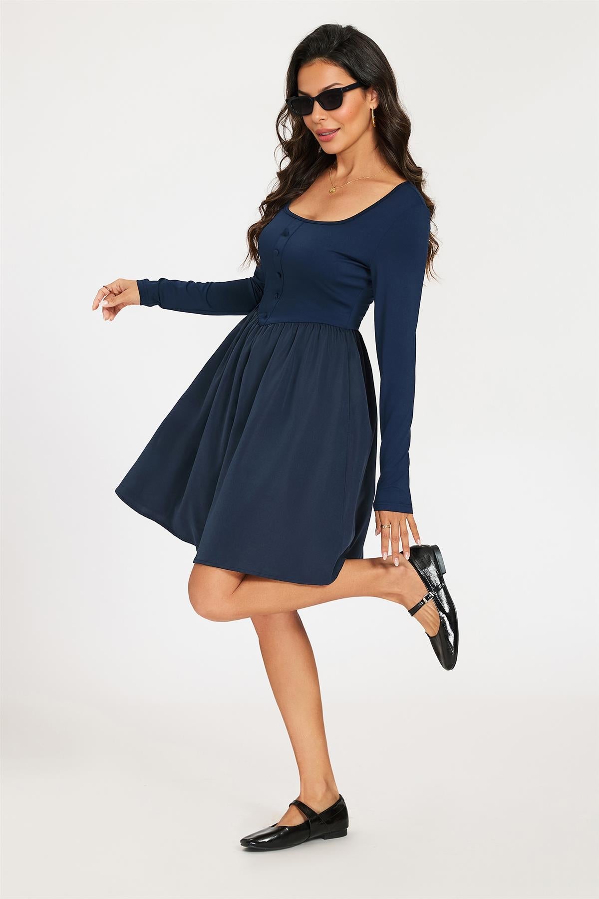 Square Neck Button Detail Long Sleeve Mini Dress In Navy