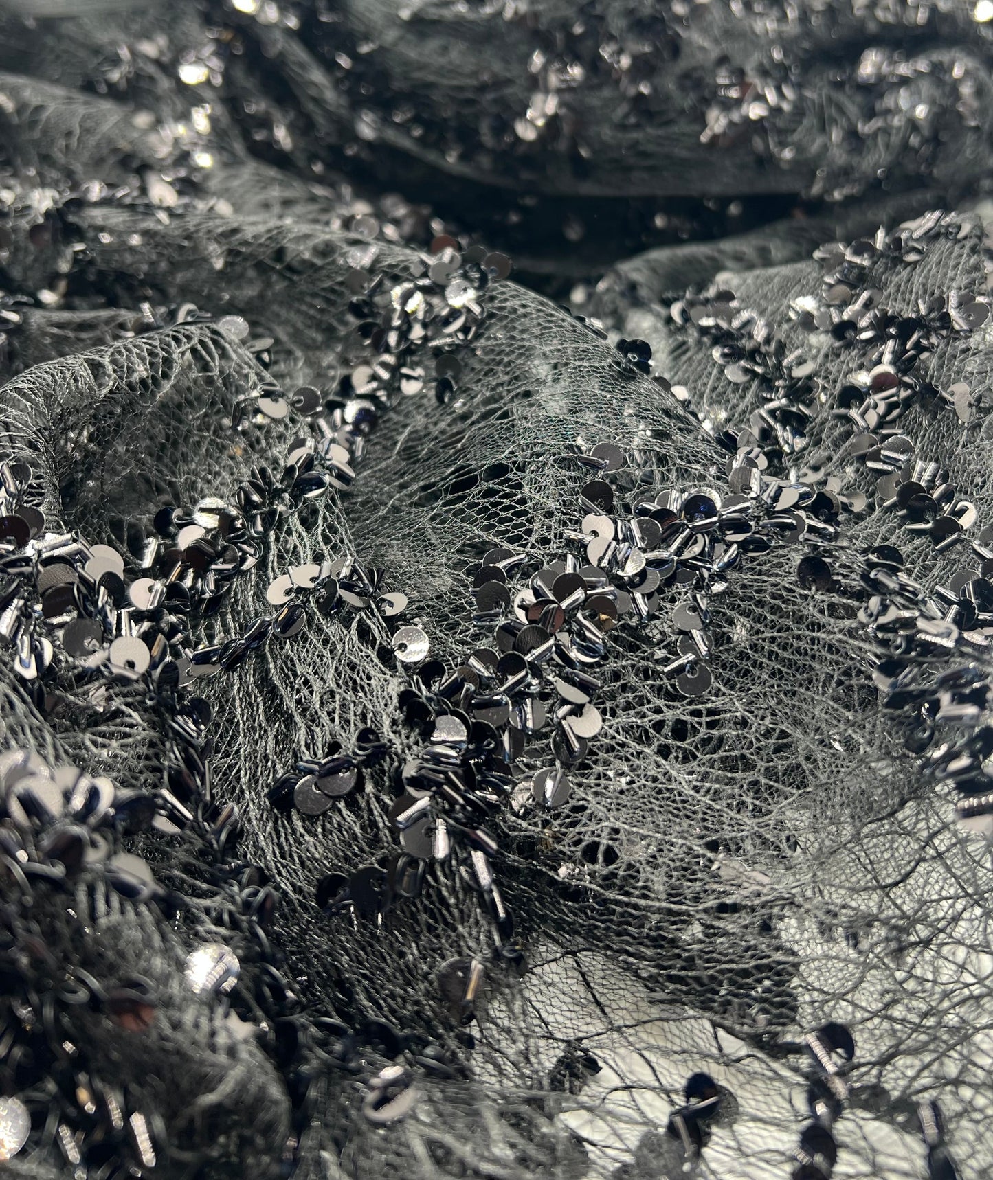 Black Sequin Detail Tulle Net Mesh Fabric Stretch