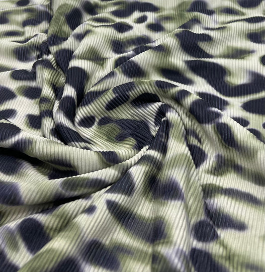 Green Animal Print Plisse Pleated Stretch Fabric