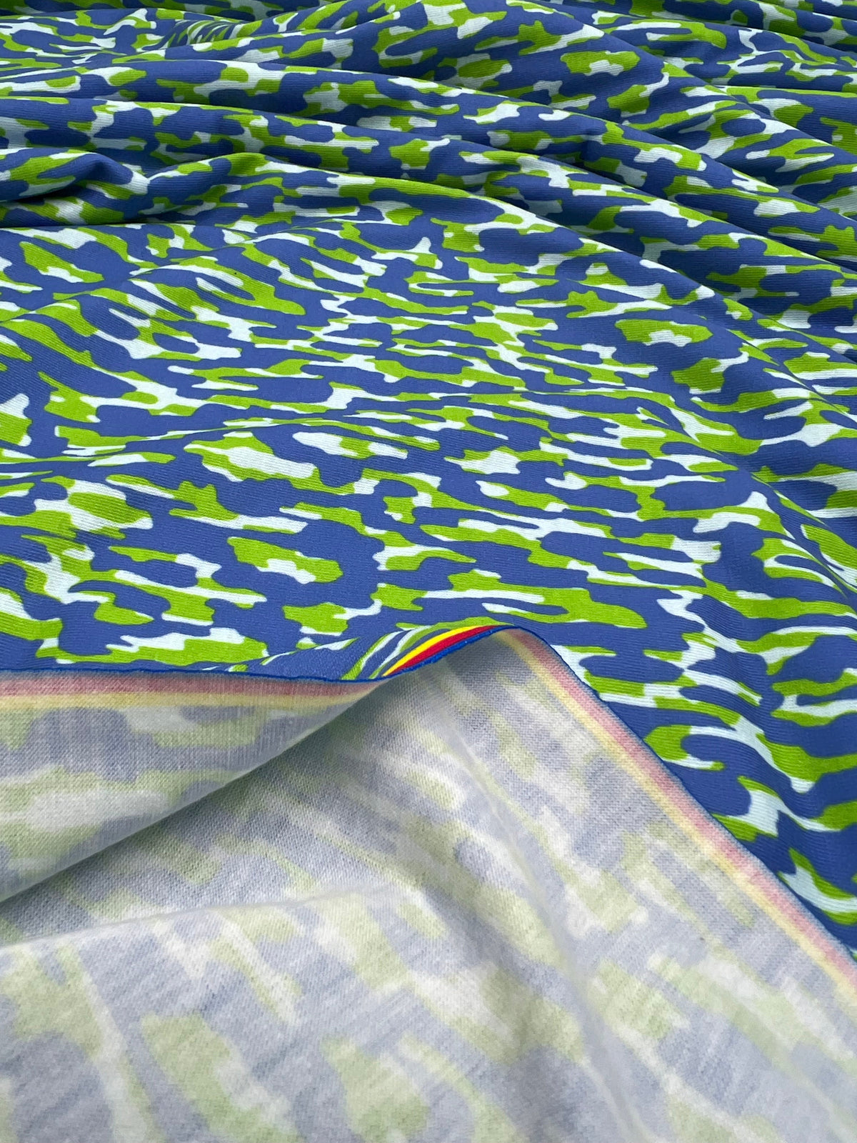 Blue Green Multi Mix Print Spun Poly Stretch Fabric