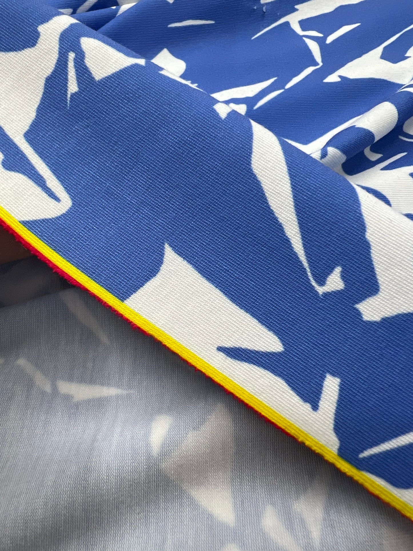 Blue White Mix Print Spun Poly Stretch Fabric
