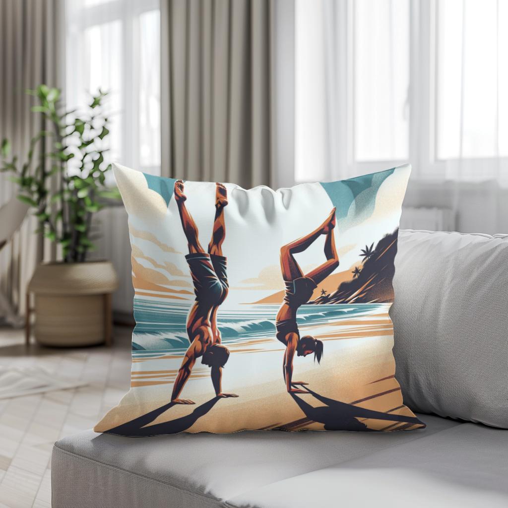 Seaside Acrobatics: Joyful Balance Cotton Cushion