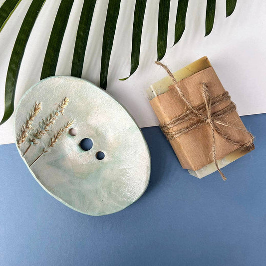 Green and Gold Ceramic Soap Dish With Drainage