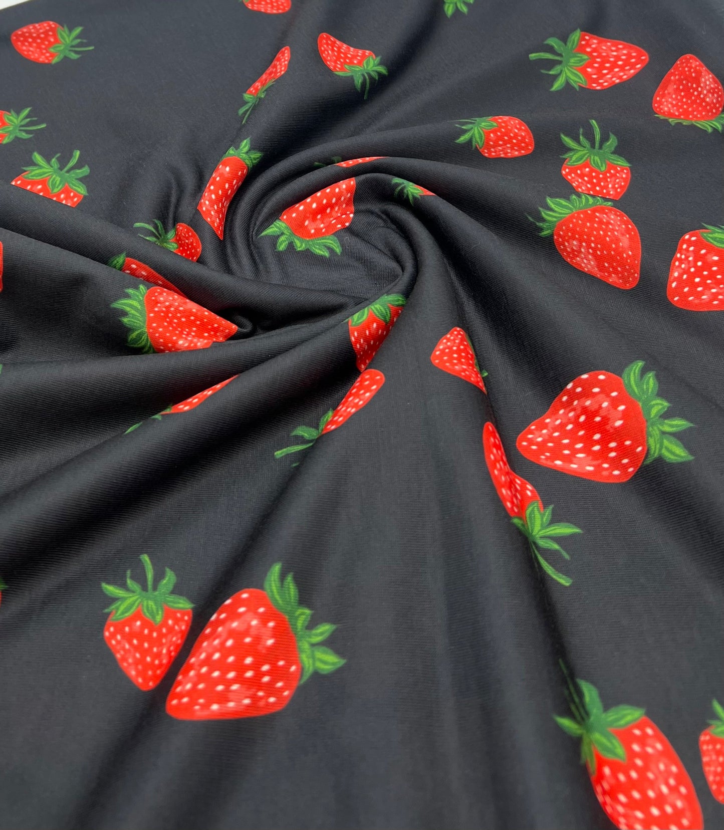 Black Strawberry Print Spun Poly Stretch Fabric
