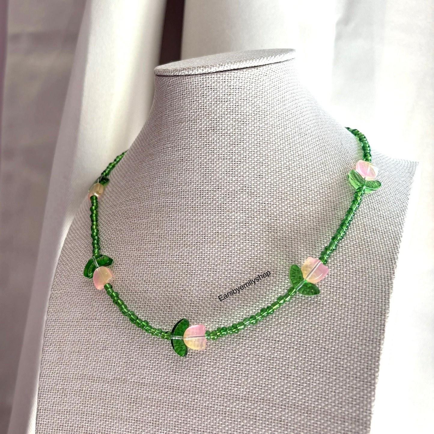 Cool green with yellow pink tulip flower Handmade beaded necklace