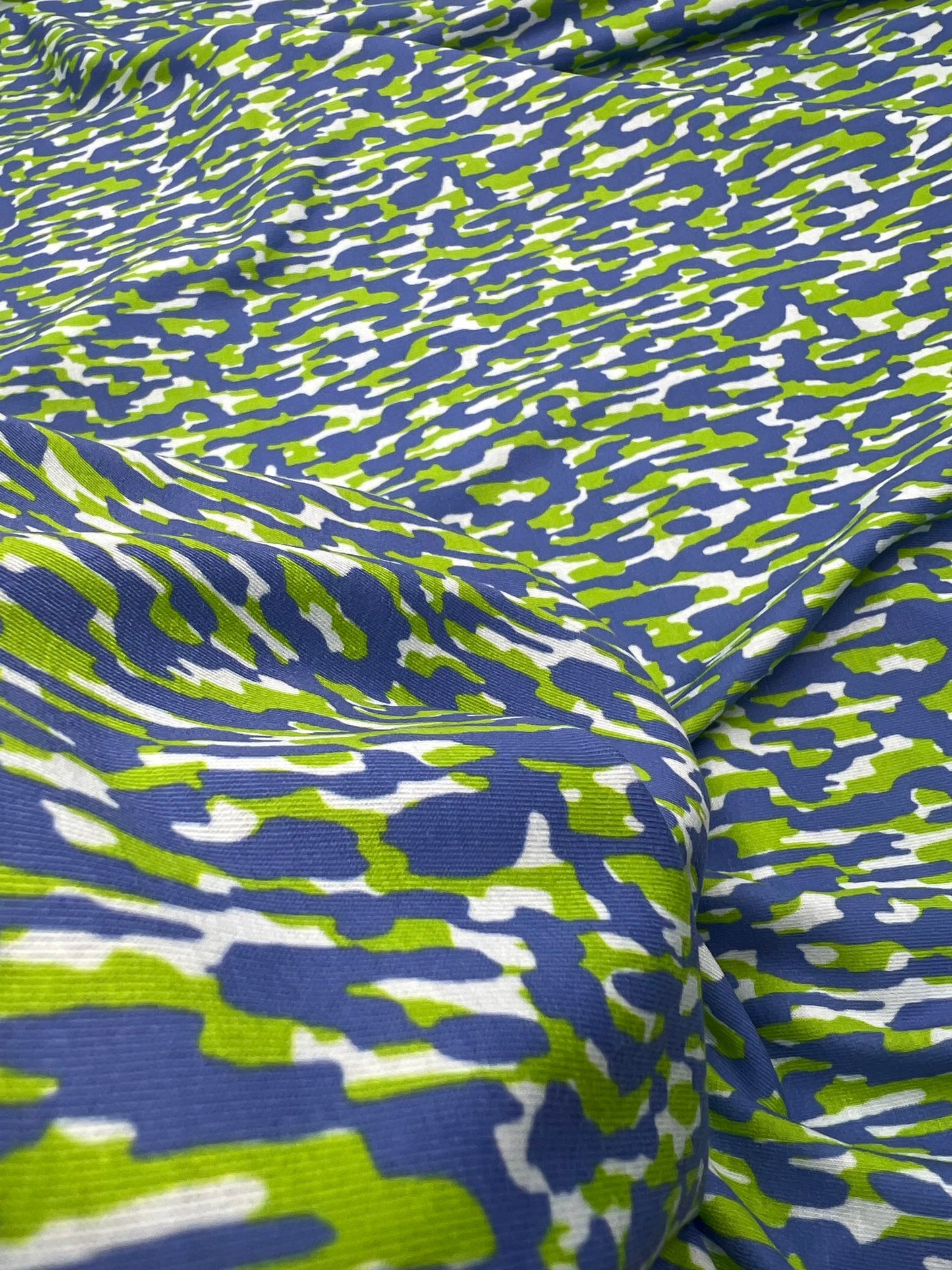 Blue Green Multi Mix Print Spun Poly Stretch Fabric