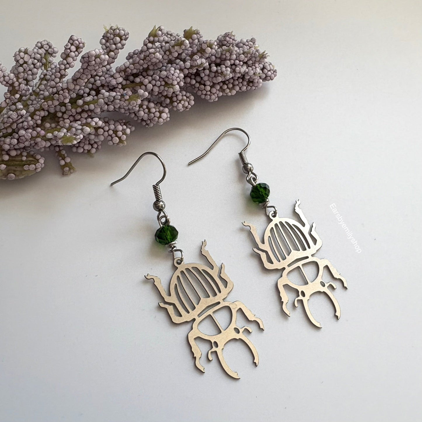 Cool quirky silver stainless steel beetle insect dangle earrings