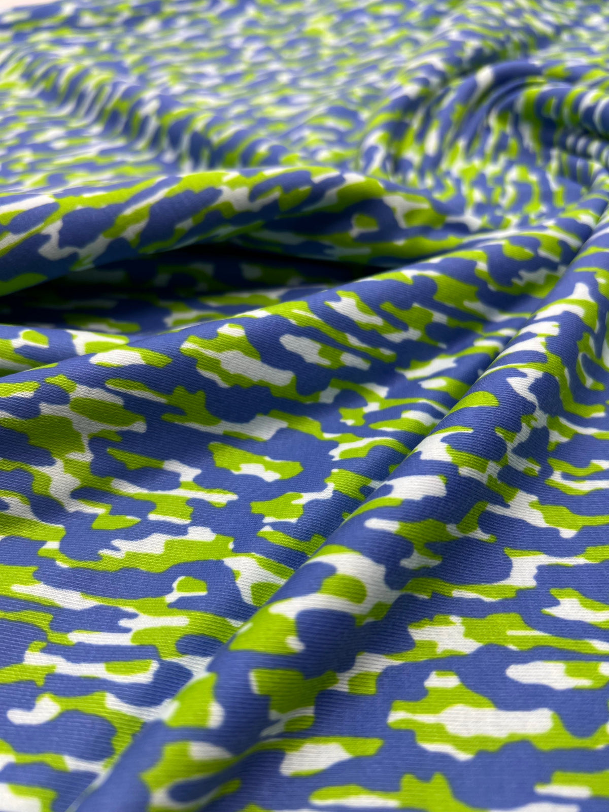 Blue Green Multi Mix Print Spun Poly Stretch Fabric